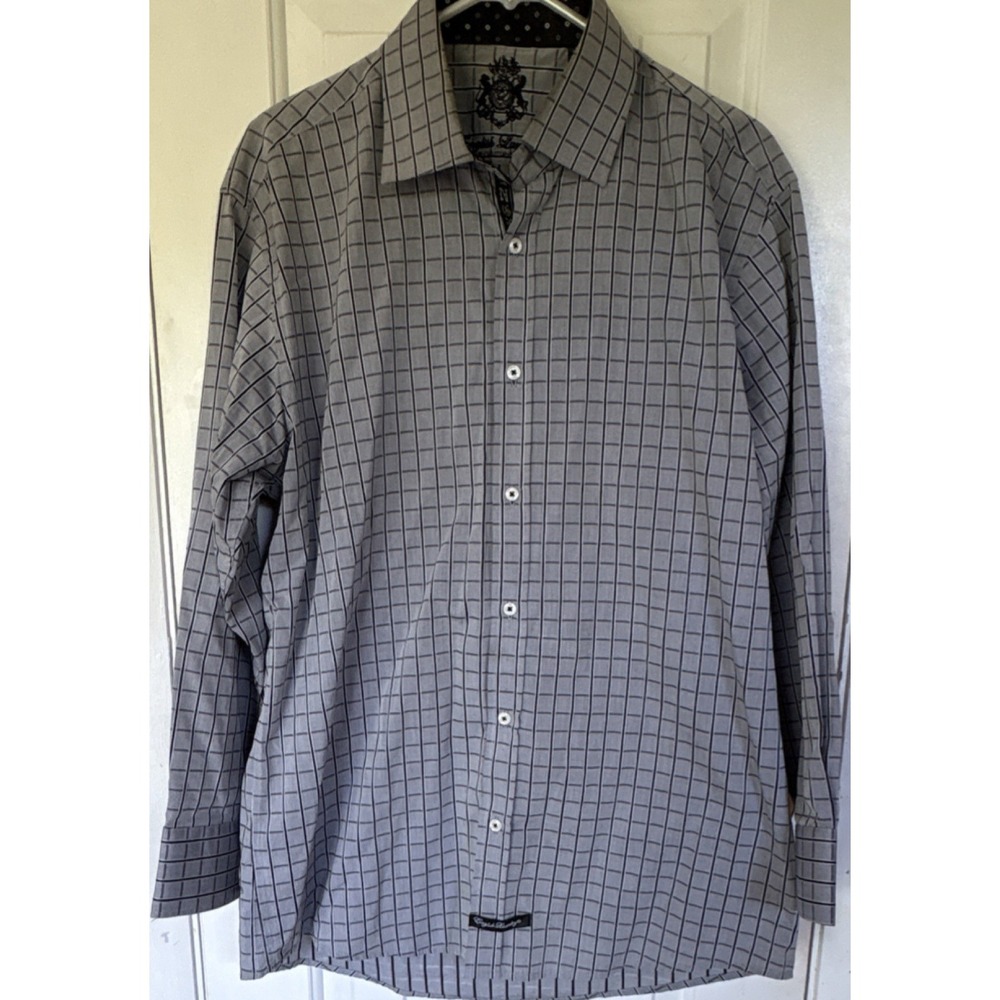 English Laundry Check Cotton Dress Shirt Gray 15.5 32/33 Long Sleeve